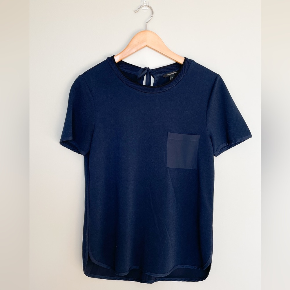 Navy Dress Shirt with Front Pocket, Keyhole Back and Contrast Neckline